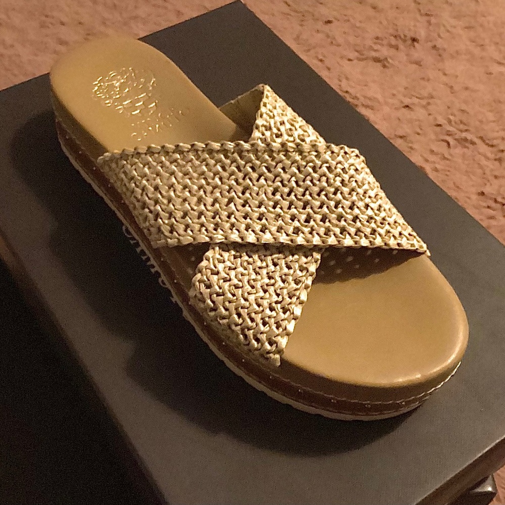 New Vince Camuto Women’s Mule Espadrille Woven Natural Tan Sandal Studded Sz 6.5